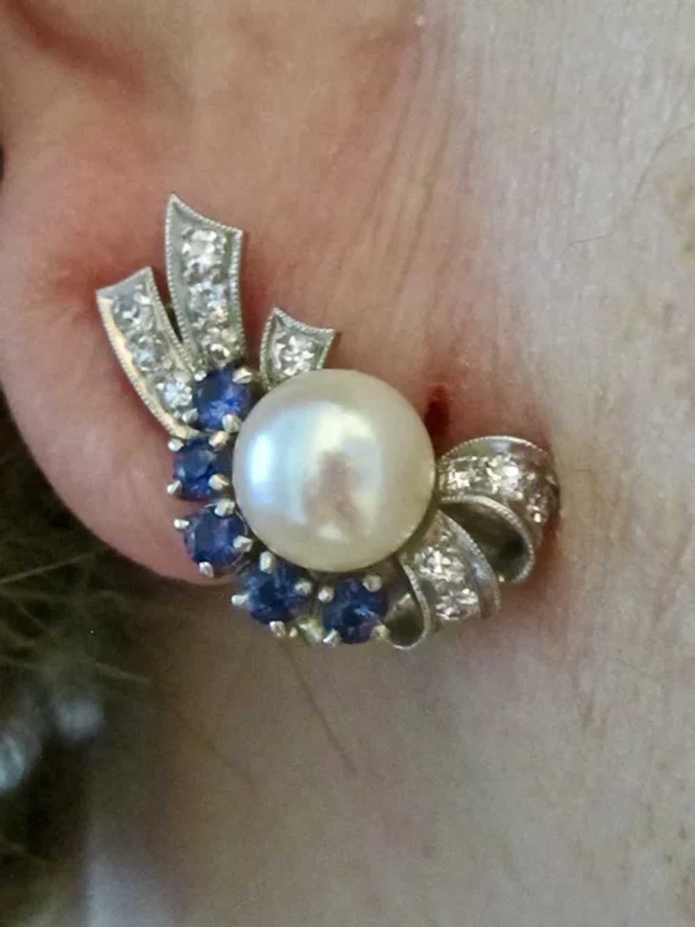 Retro Estate Pearl, Diamond, Sapphire Earrings 14K - image 7