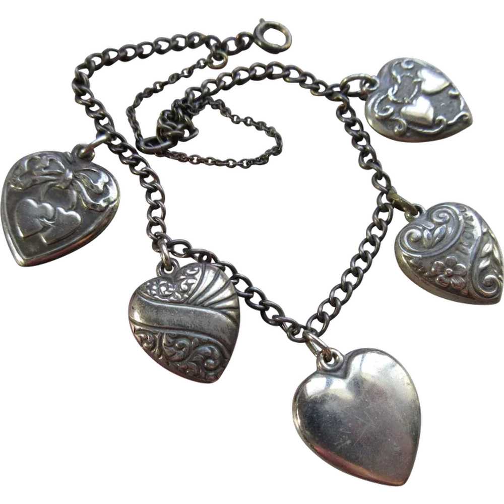 Vintage 1940s Sterling Heart Charm Bracelet, Walt… - image 1