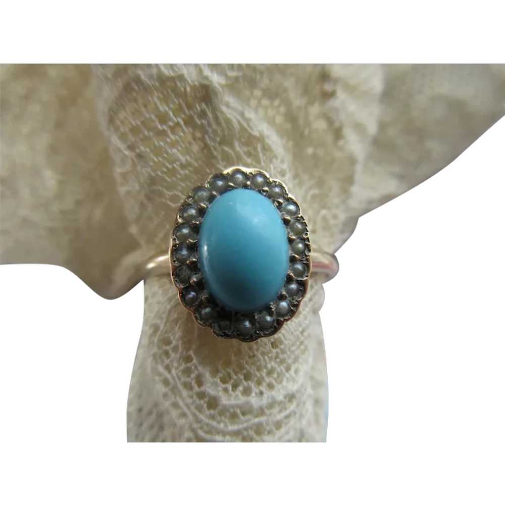 Victorian Antique 10K Turquoise Seed Pearl Ring - image 1