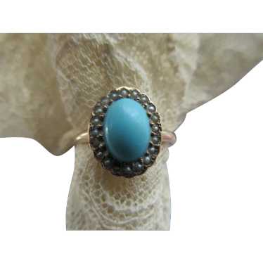 Victorian Antique 10K Turquoise Seed Pearl Ring