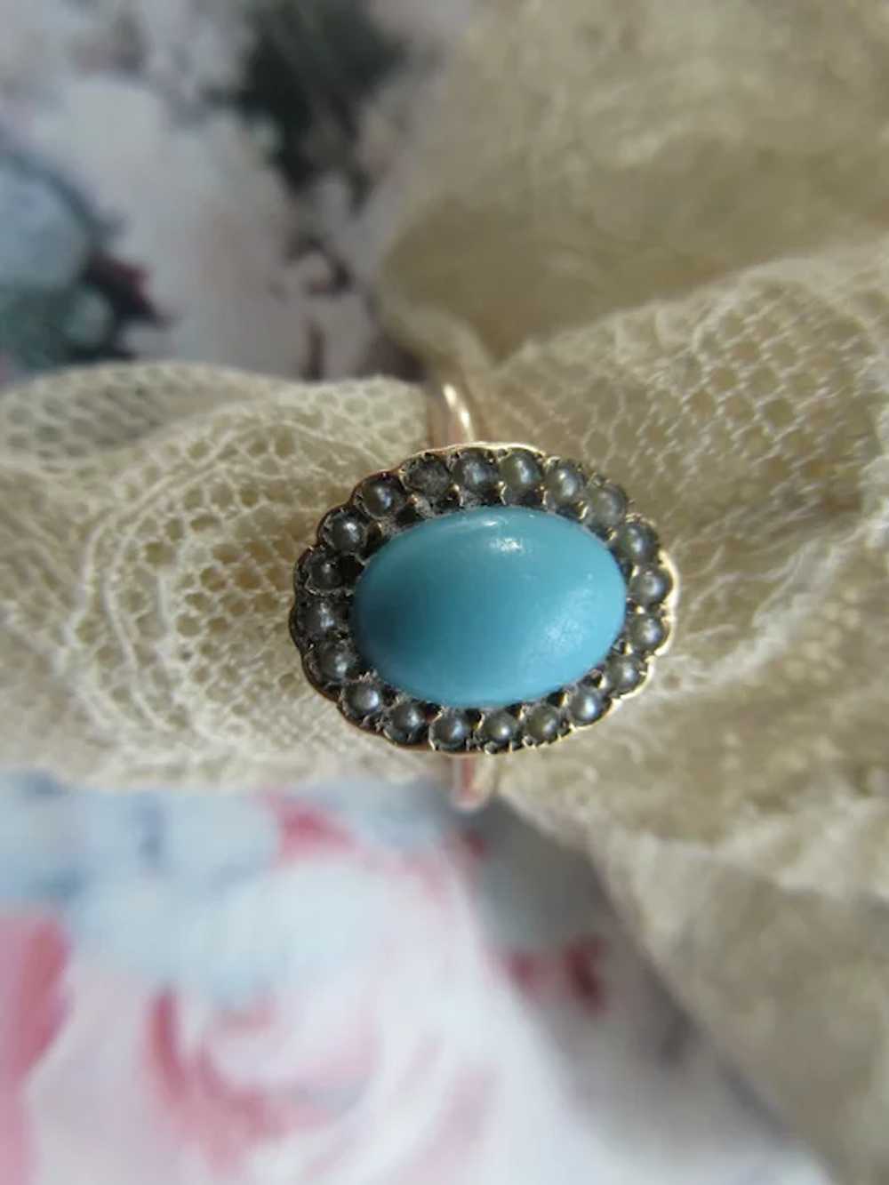 Victorian Antique 10K Turquoise Seed Pearl Ring - image 2