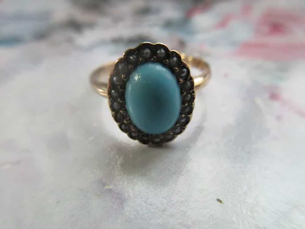 Victorian Antique 10K Turquoise Seed Pearl Ring - image 3