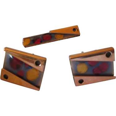 Matisse Brown, Red & Yellow Enamel Cufflinks and T