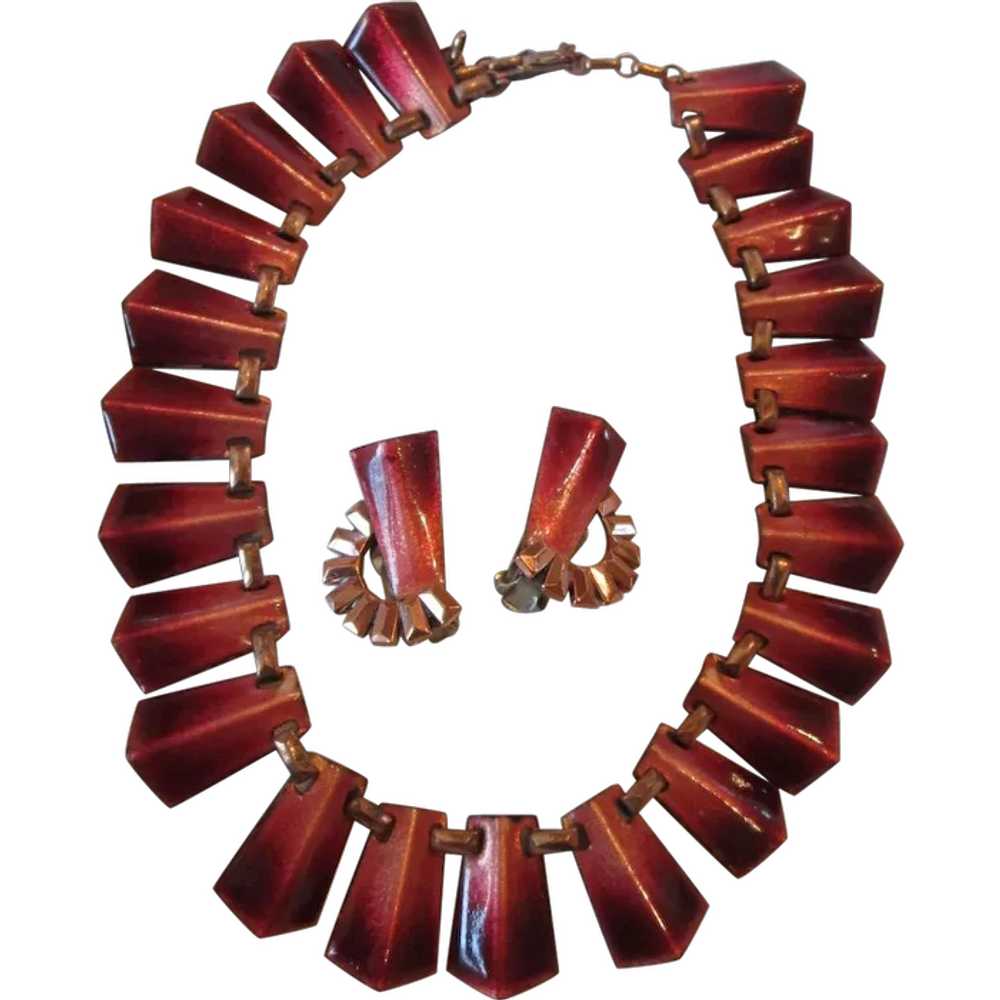 1950s Matisse Red Ombre Enamel on Copper Choker N… - image 1