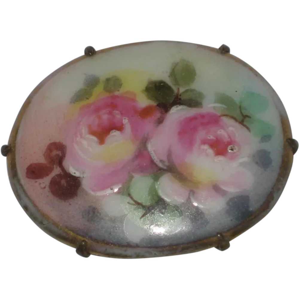 Victorian Hand Painted Porcelain Brooch with Two … - image 1