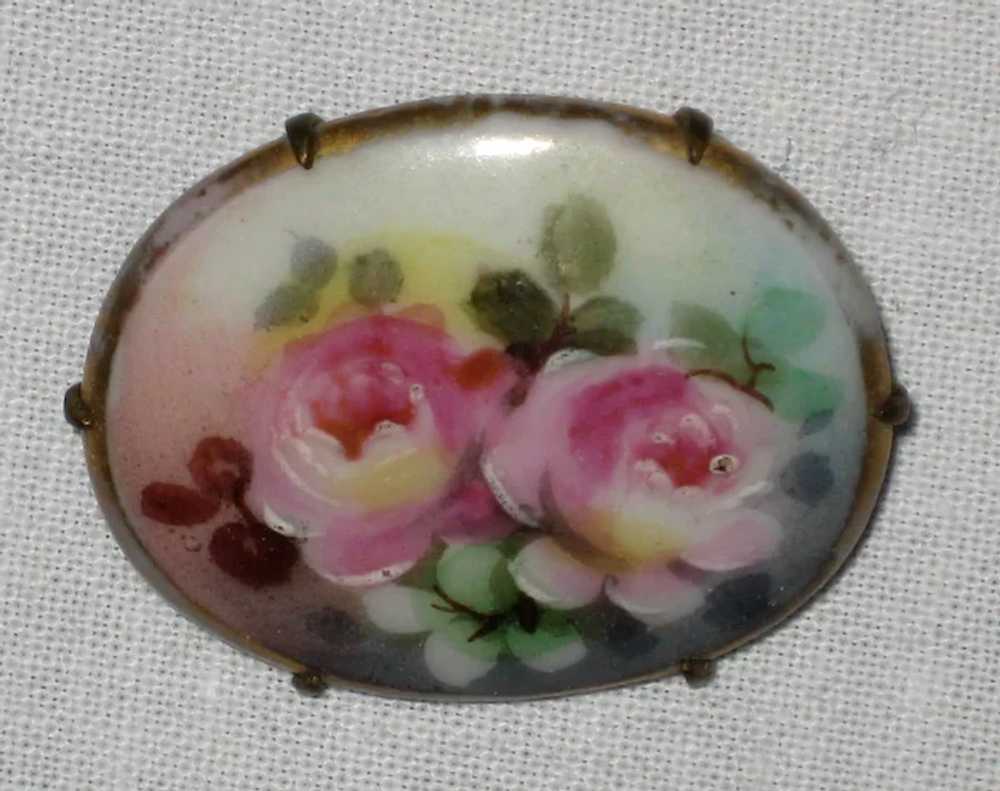 Victorian Hand Painted Porcelain Brooch with Two … - image 2