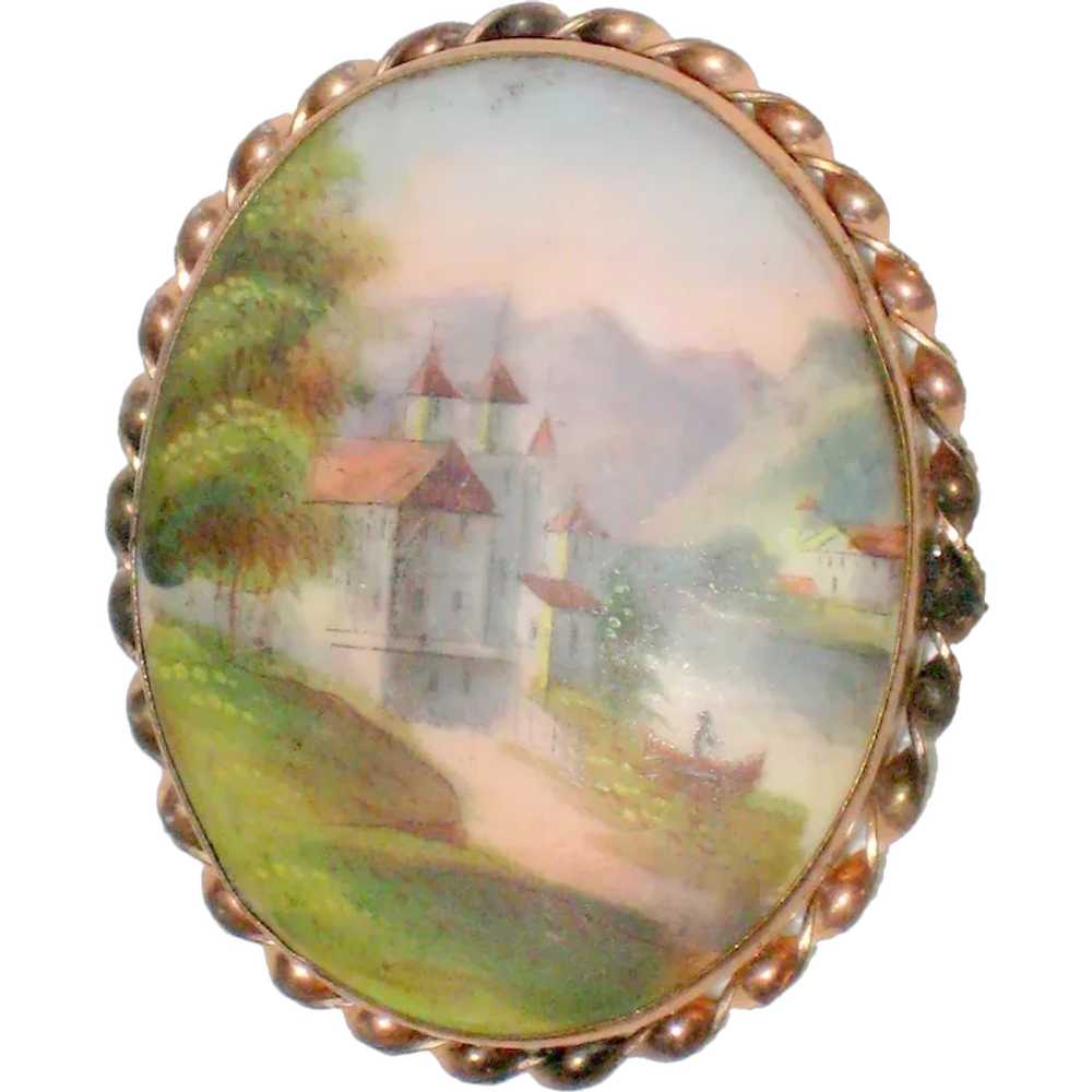 Victorian Hand Painted Porcelain Brooch with Chil… - image 1