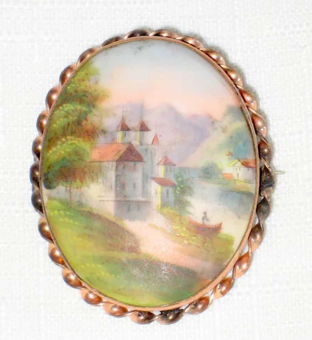 Victorian Hand Painted Porcelain Brooch with Chil… - image 2