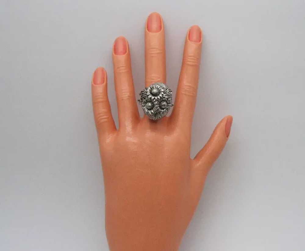Unusual Vintage Silver Sunflower Poison Ring - image 6