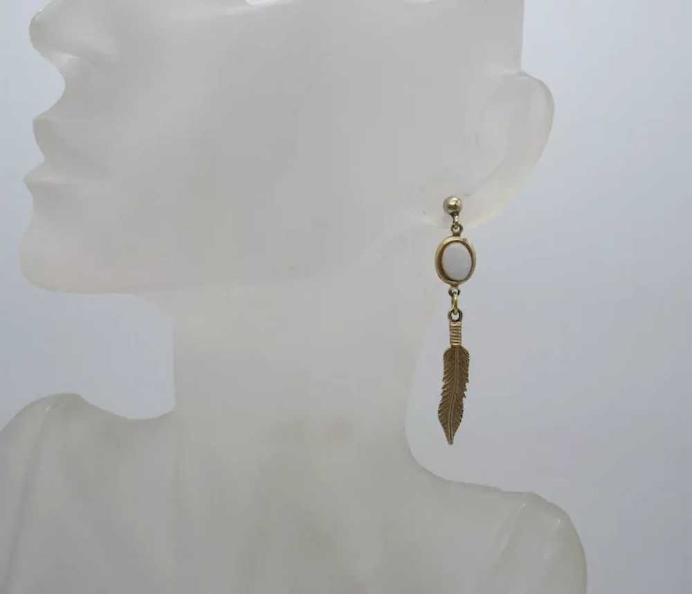 Vintage Opal Golden Dangle Feather Pierced Earrin… - image 2