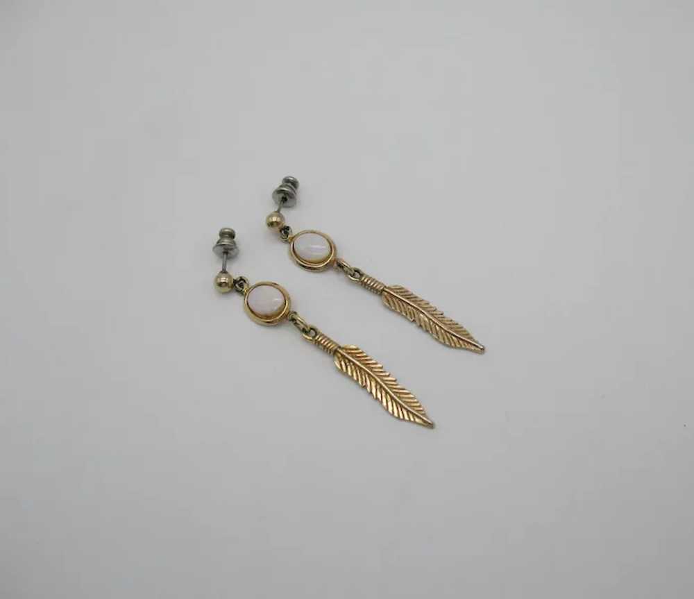 Vintage Opal Golden Dangle Feather Pierced Earrin… - image 3