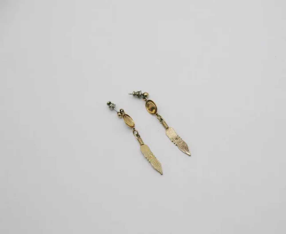Vintage Opal Golden Dangle Feather Pierced Earrin… - image 4