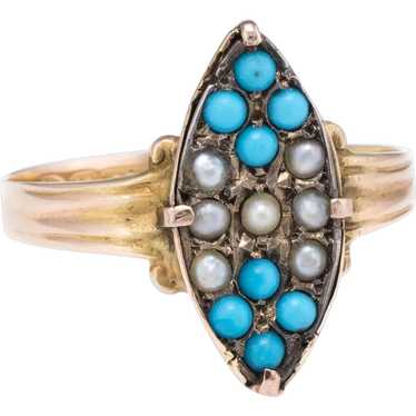 Antique Victorian c1896 Seed Pearl Turquoise Ring 