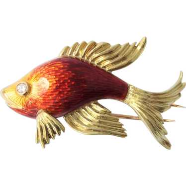 Cartier 18k Gold Diamond Enamel Fish Brooch - image 1