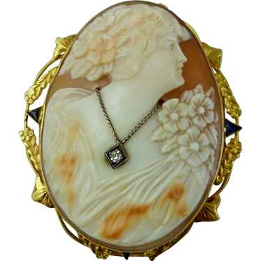 14K Sapphire and Diamond Shell Cameo Pendant Broo… - image 1