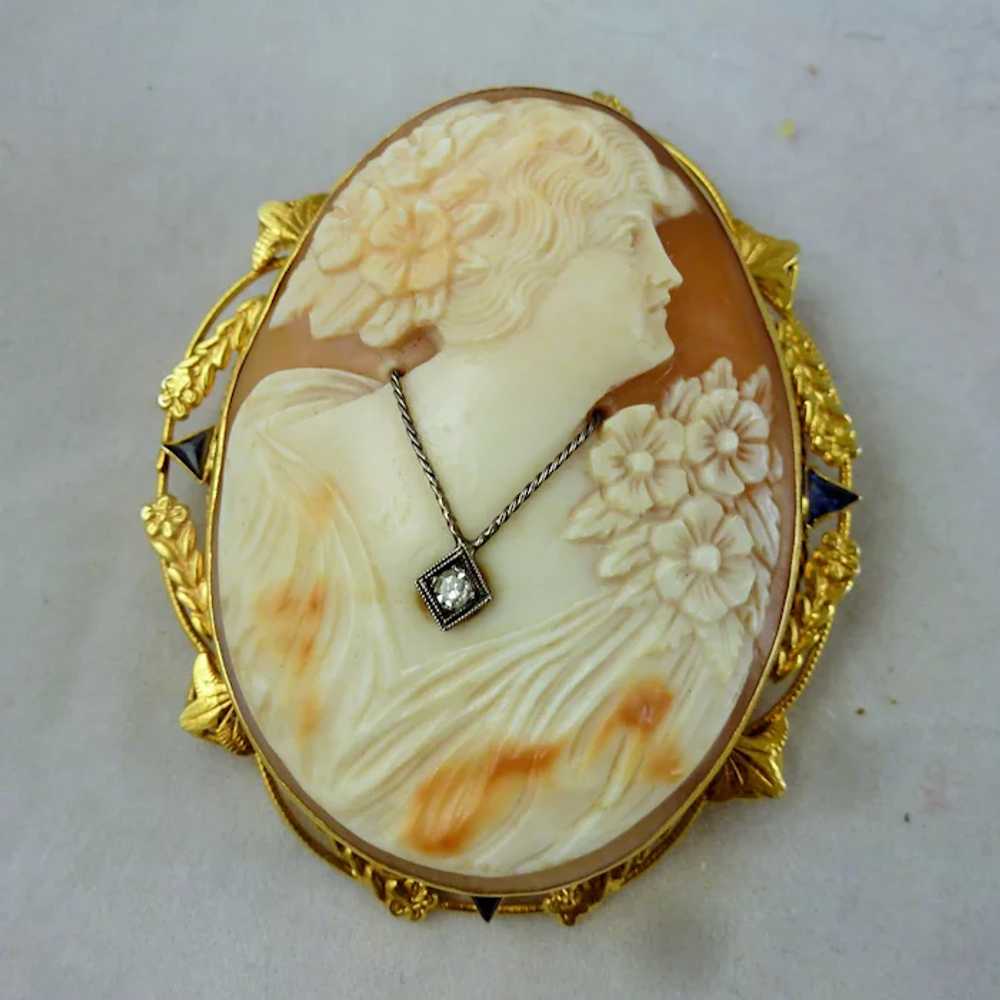 14K Sapphire and Diamond Shell Cameo Pendant Broo… - image 8