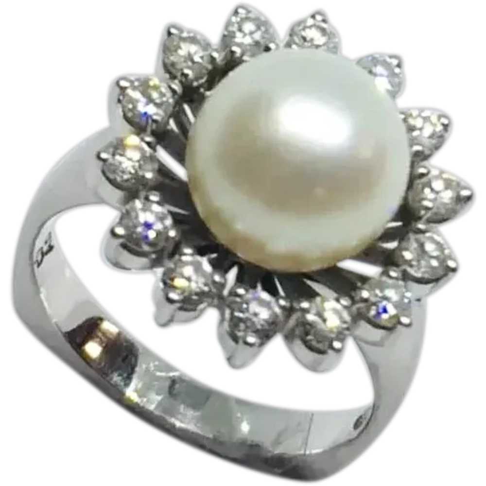 18k White Gold Pearl and Diamond Halo Ring - image 1