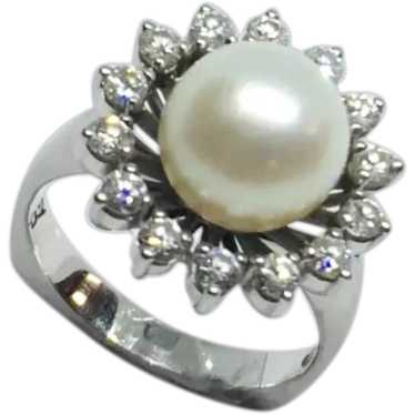 18k White Gold Pearl and Diamond Halo Ring - image 1