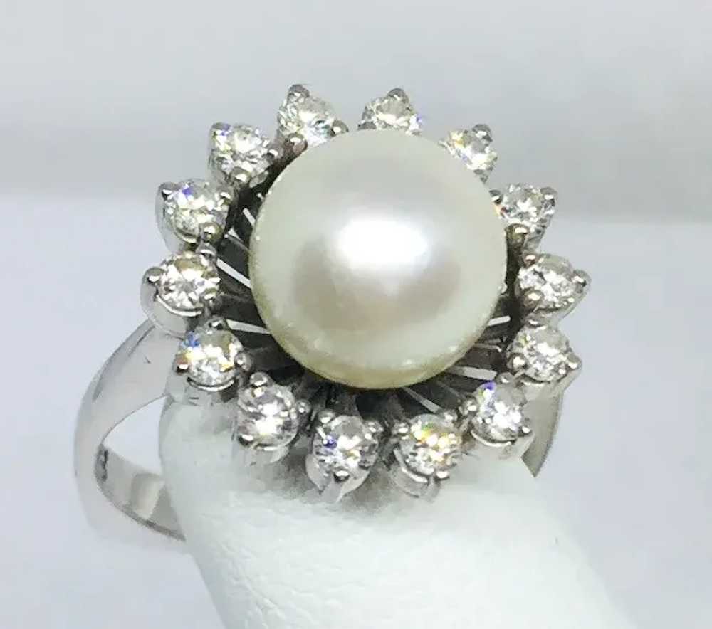 18k White Gold Pearl and Diamond Halo Ring - image 2
