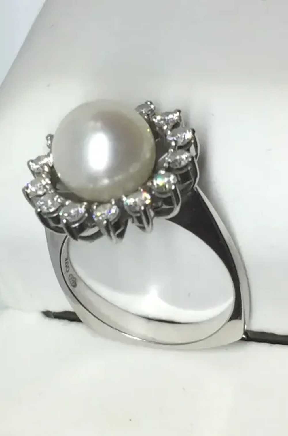 18k White Gold Pearl and Diamond Halo Ring - image 3