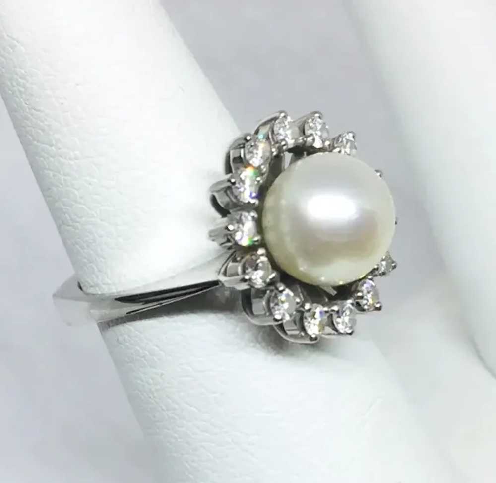 18k White Gold Pearl and Diamond Halo Ring - image 5