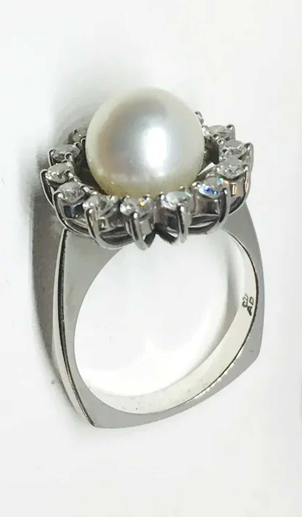 18k White Gold Pearl and Diamond Halo Ring - image 6