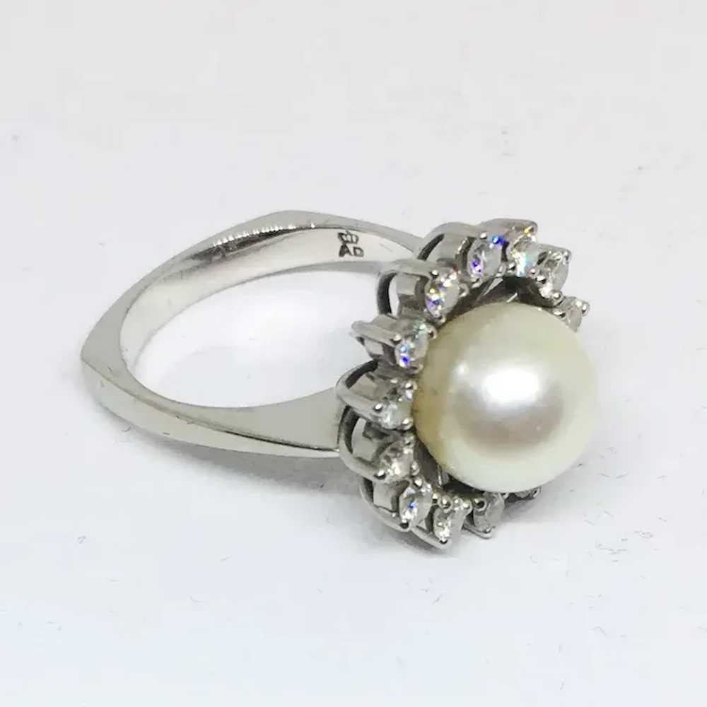 18k White Gold Pearl and Diamond Halo Ring - image 7
