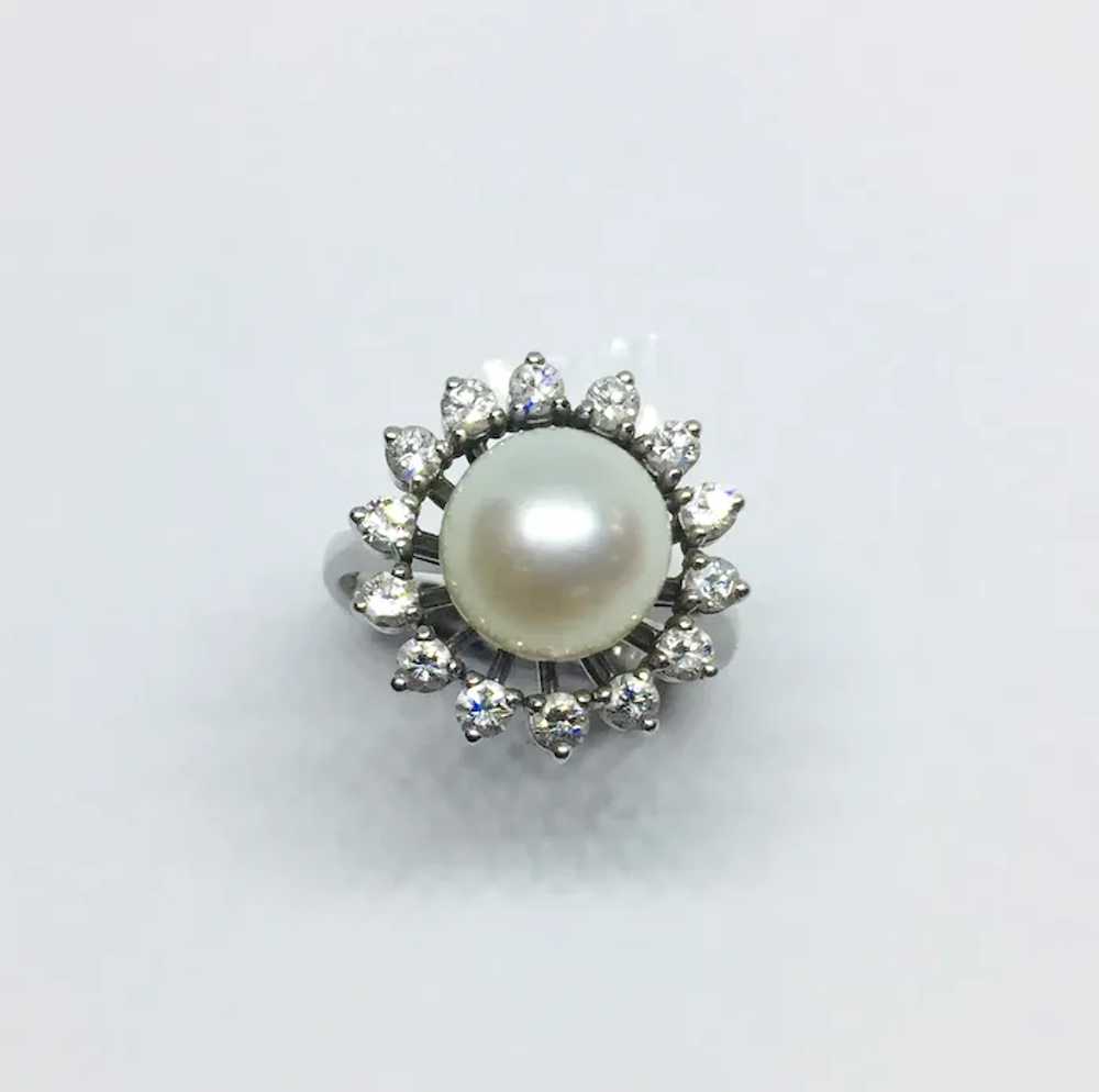 18k White Gold Pearl and Diamond Halo Ring - image 9