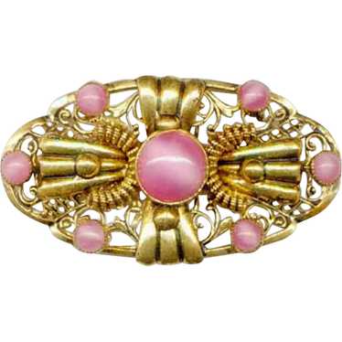Ornate CZECH Pin With Pink MOONGLOW Cabochons