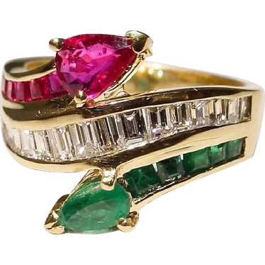 Multi-Gem Ruby Emerald Diamond Ring 18K Classic By