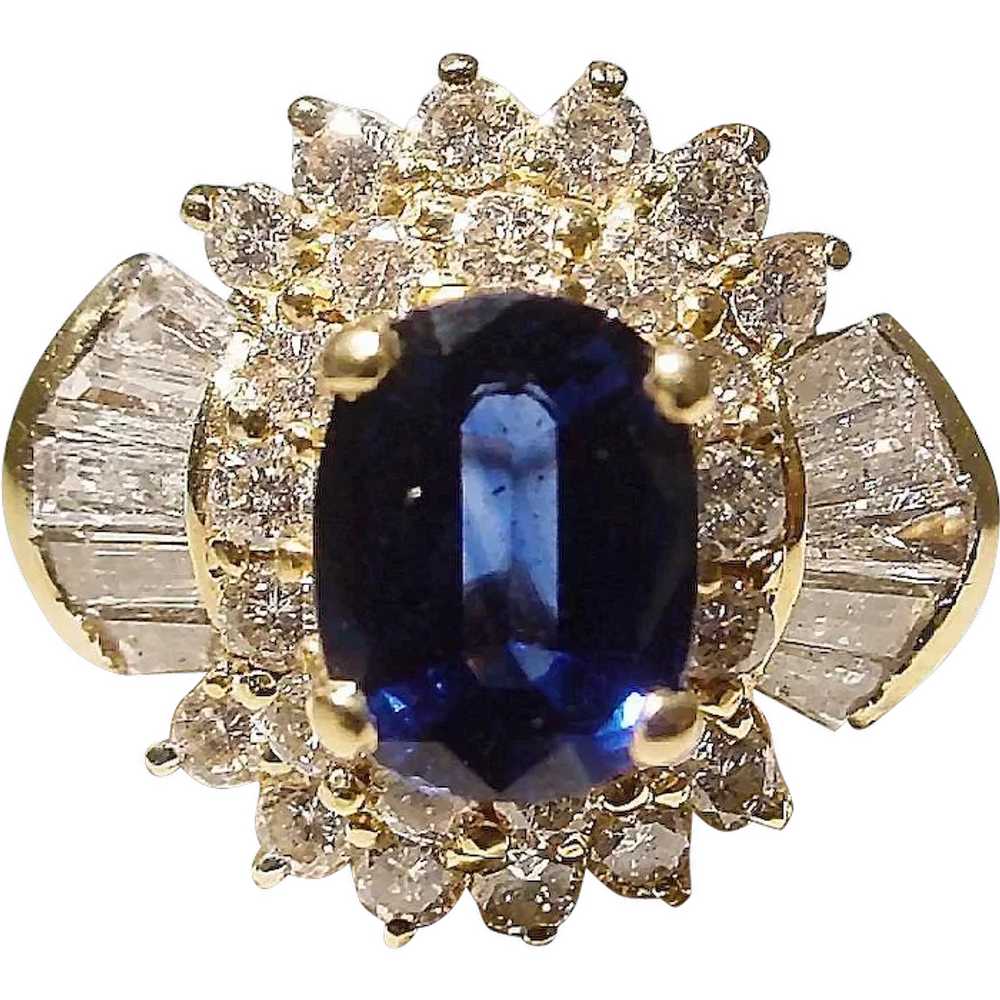 Royal Deep Blue Sapphire Ring 18K Bursting Diamon… - image 1