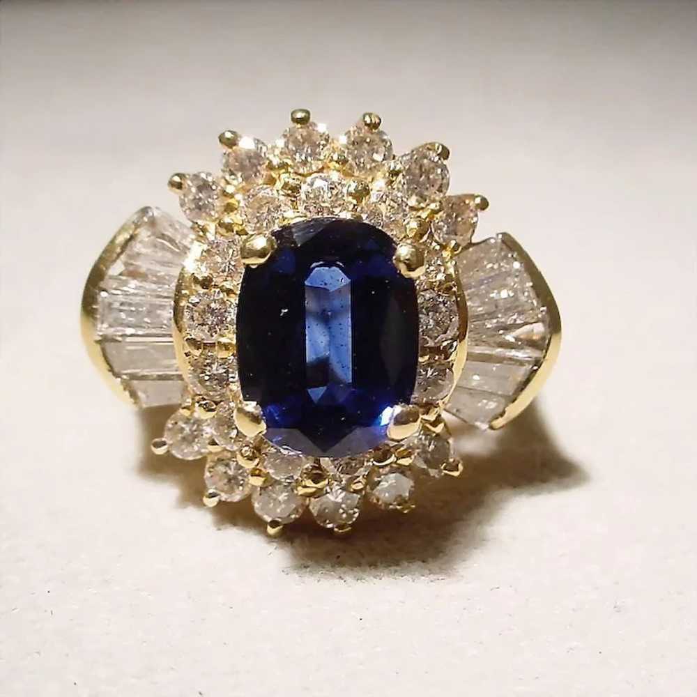 Royal Deep Blue Sapphire Ring 18K Bursting Diamon… - image 2