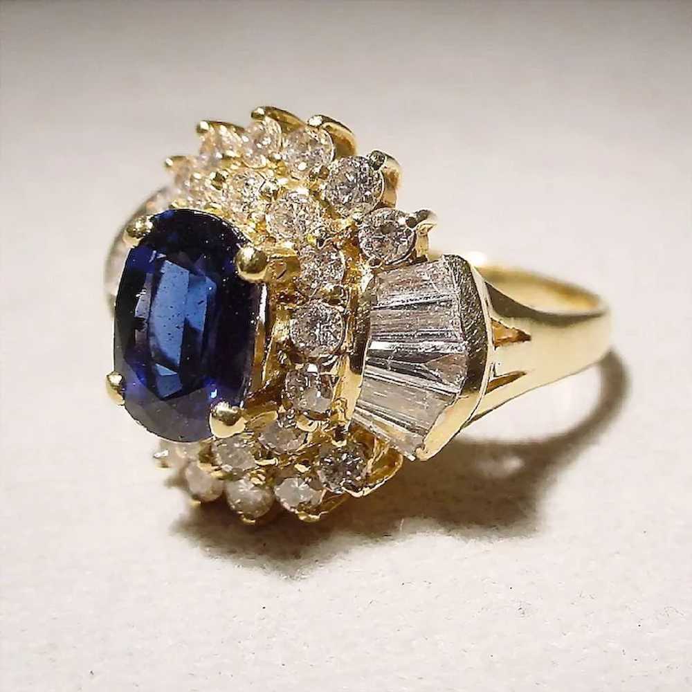 Royal Deep Blue Sapphire Ring 18K Bursting Diamon… - image 3