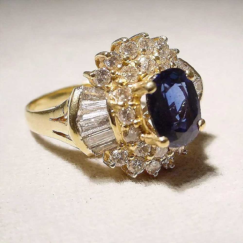 Royal Deep Blue Sapphire Ring 18K Bursting Diamon… - image 4