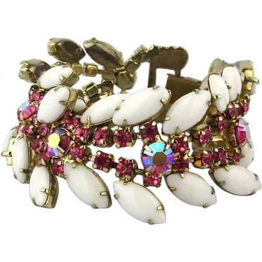 Vintage Pink Rhinestone White Glass Bracelet - image 1