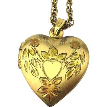 Vintage Etched Gold-Filled Heart Locket Necklace … - image 1