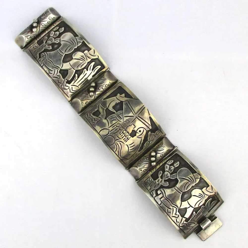 Signed Mexican Sterling Silver Story Teller Link … - image 2