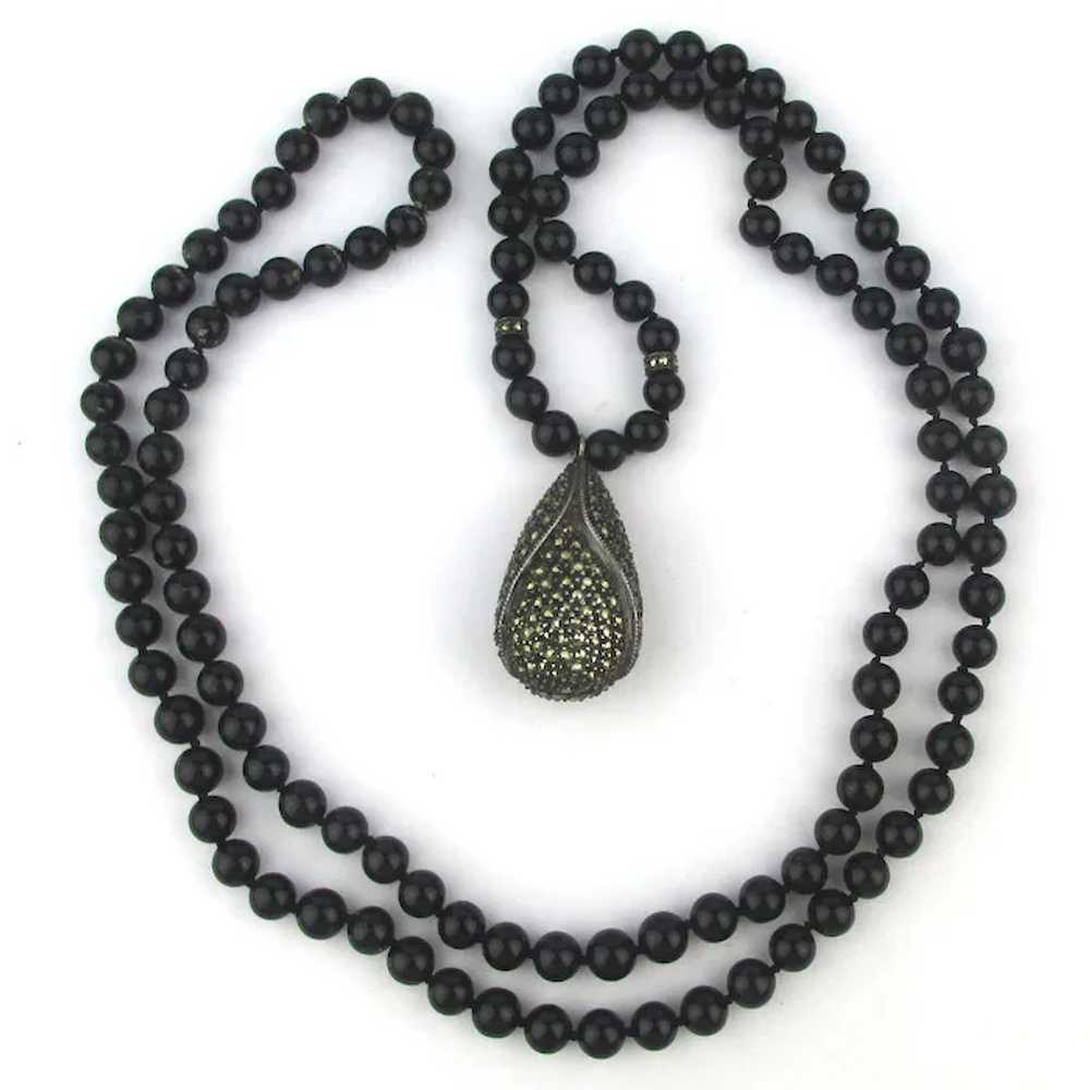Long Black Onyx Bead Necklace w/ Sterling Silver … - image 2