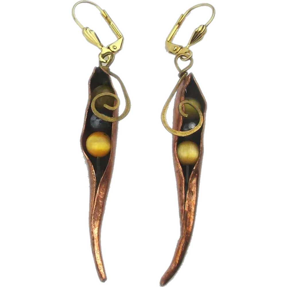 Modernist Dangle Earrings Glass Peas in a Copper … - image 1