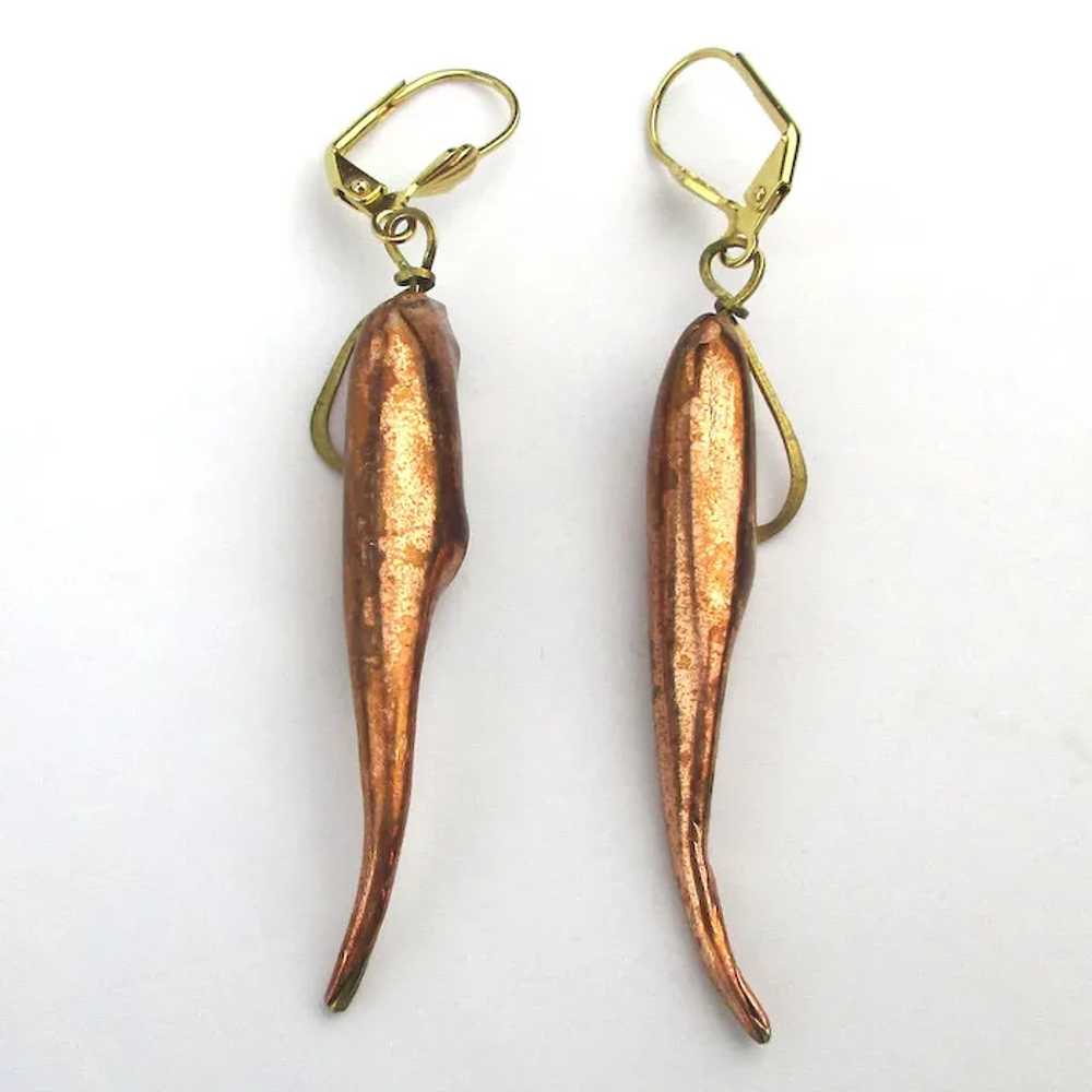 Modernist Dangle Earrings Glass Peas in a Copper … - image 3