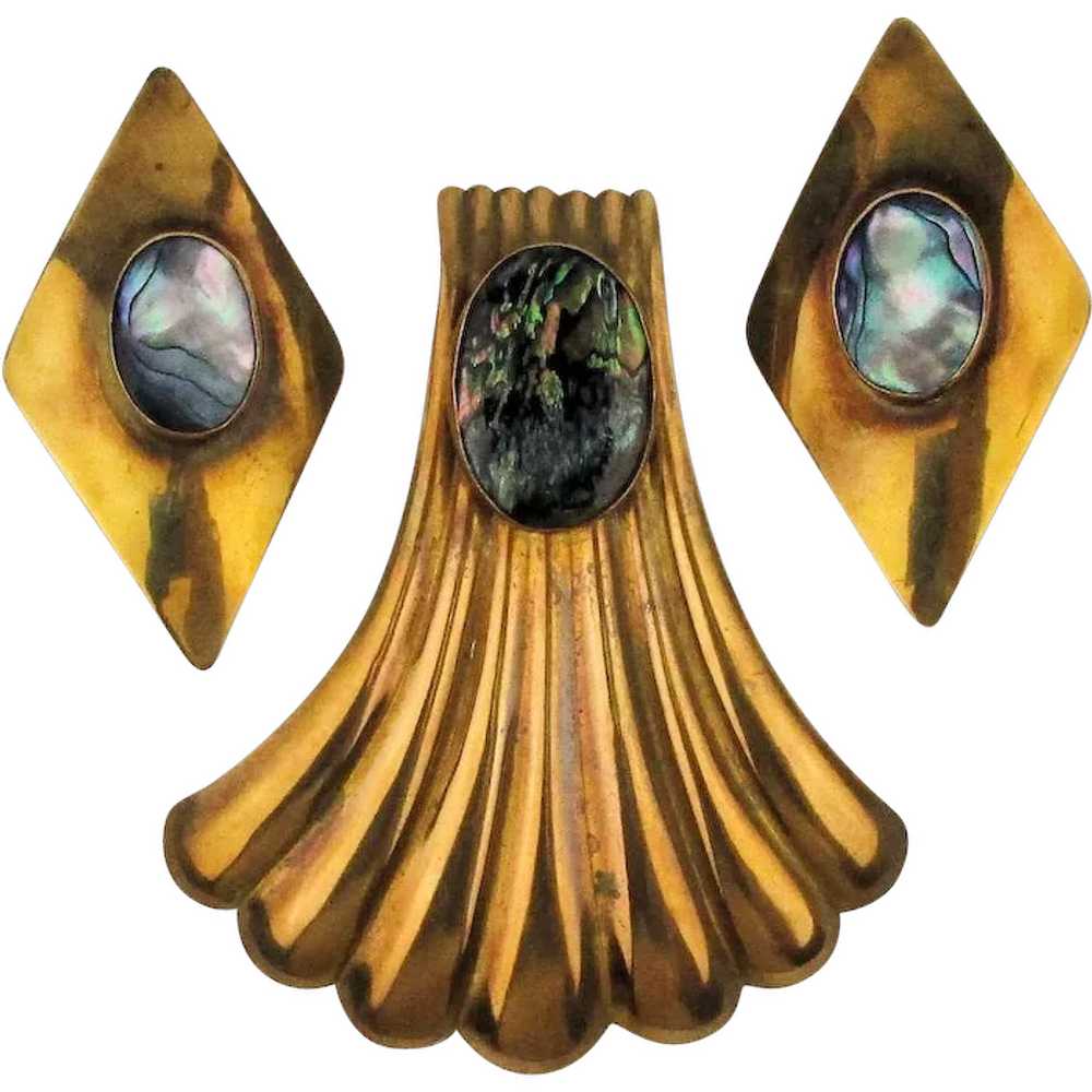 Modernist Goldtone Pin - Earrings Set w/ Abalone - image 1