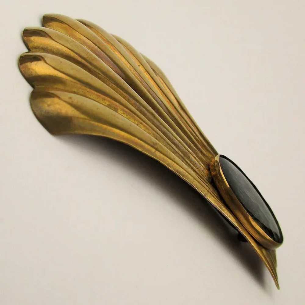 Modernist Goldtone Pin - Earrings Set w/ Abalone - image 3