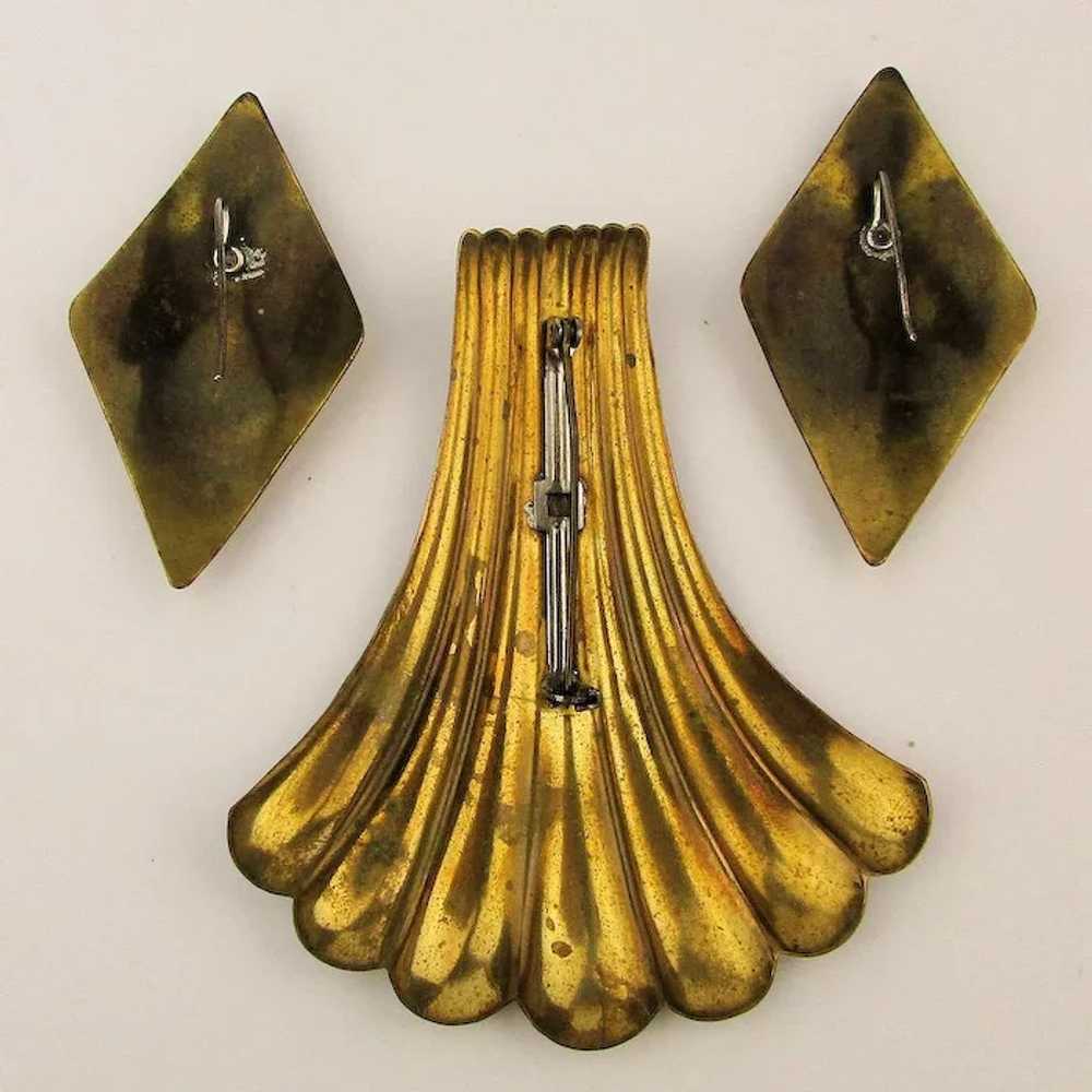 Modernist Goldtone Pin - Earrings Set w/ Abalone - image 4