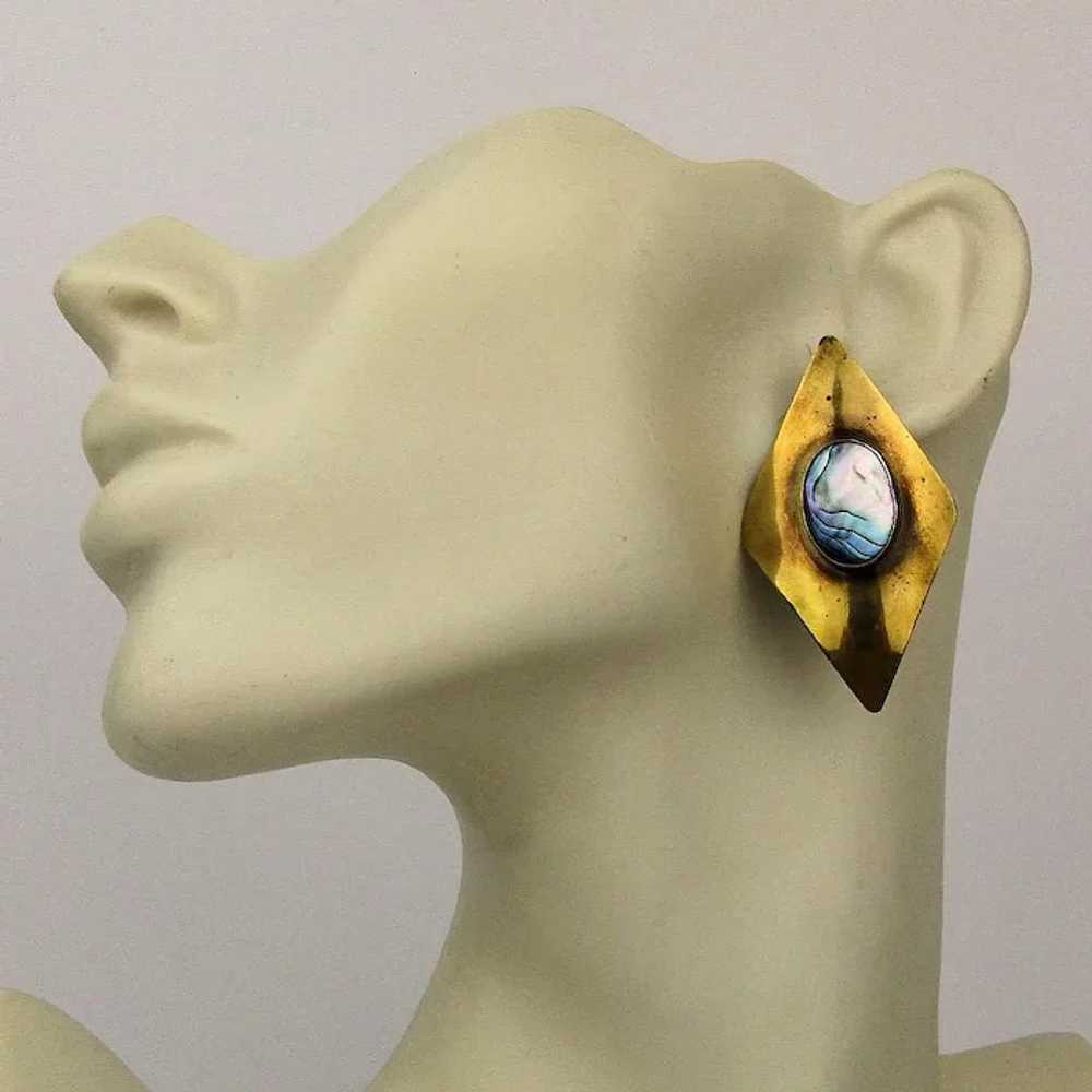 Modernist Goldtone Pin - Earrings Set w/ Abalone - image 6