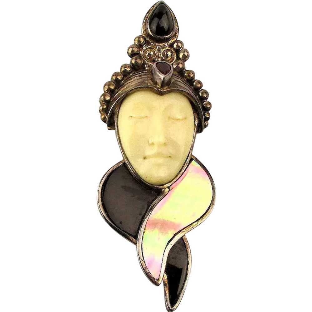 Jeweled SAJEN Sterling Silver Goddess Face Pin Pe… - image 1