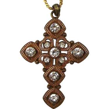 Old Gilded Christian Cross w/ Rhinestones Necklace - image 1
