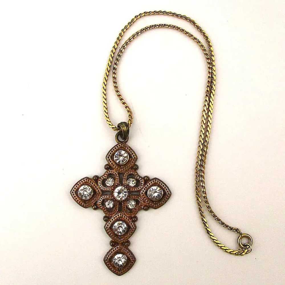 Old Gilded Christian Cross w/ Rhinestones Necklace - image 2