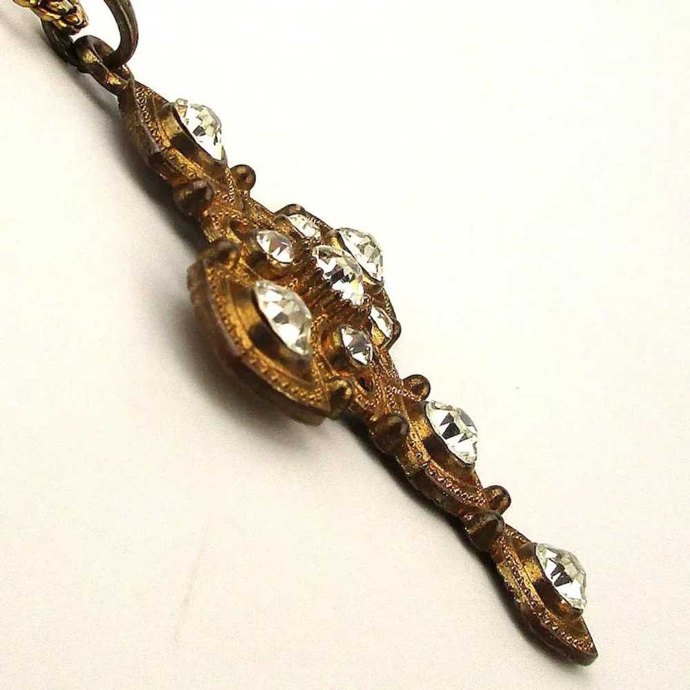 Old Gilded Christian Cross w/ Rhinestones Necklace - image 3