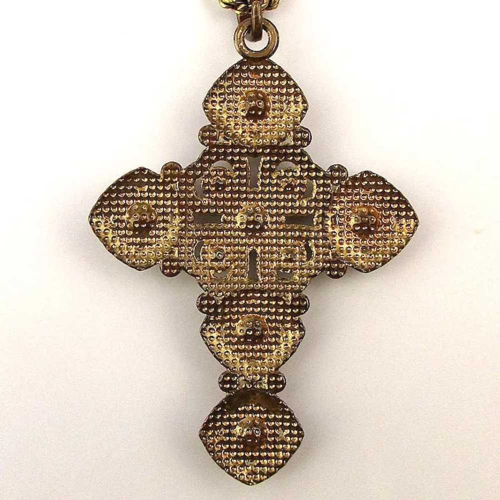 Old Gilded Christian Cross w/ Rhinestones Necklace - image 4