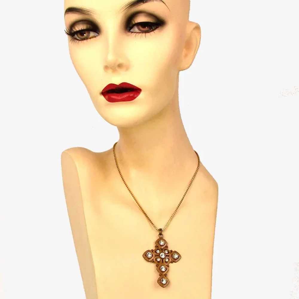 Old Gilded Christian Cross w/ Rhinestones Necklace - image 5
